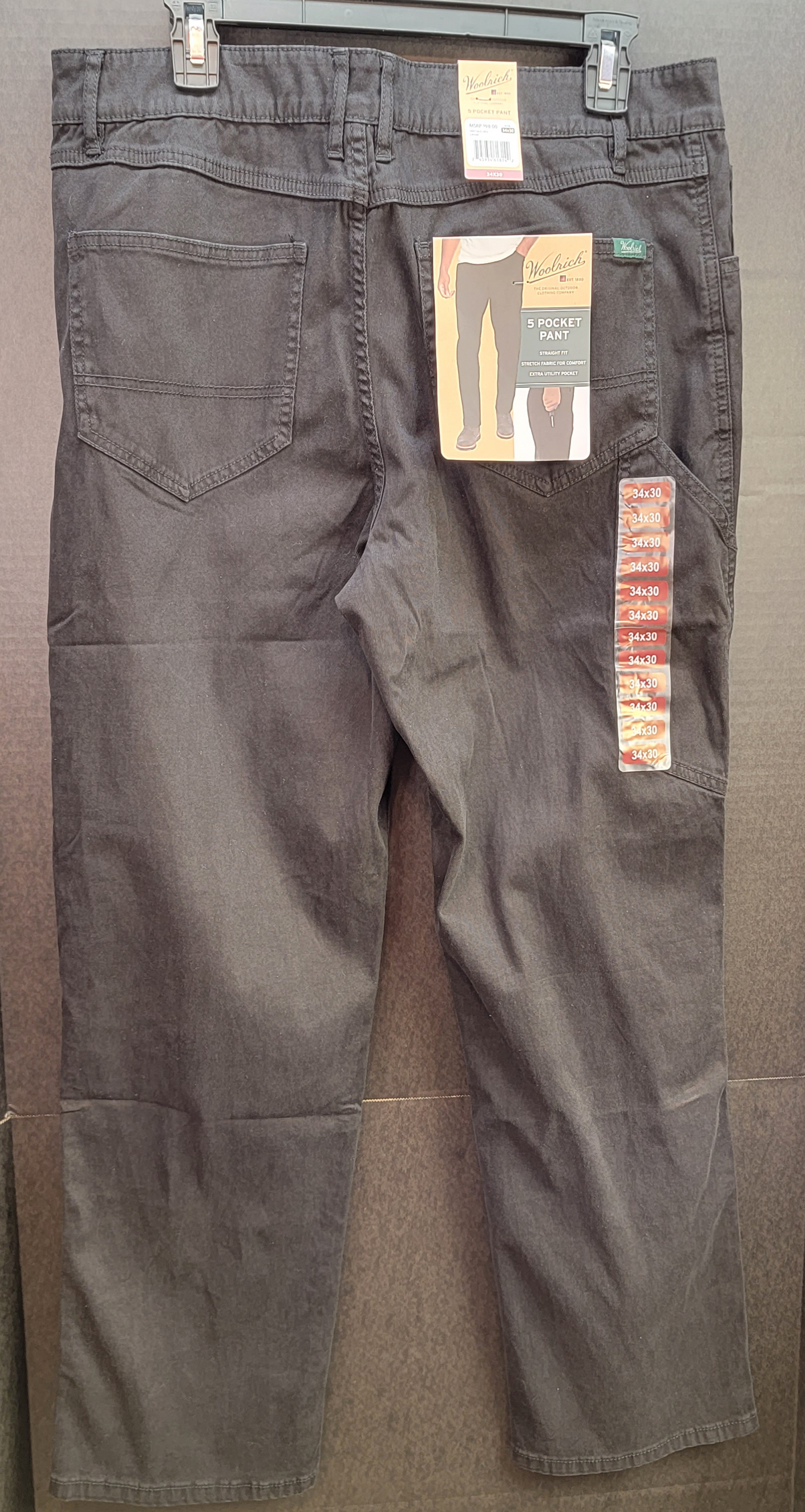 Woolrich Men's 5 Pocket Pant, Color Caviar, Size 34X30, Retail $98.00 New with Tags