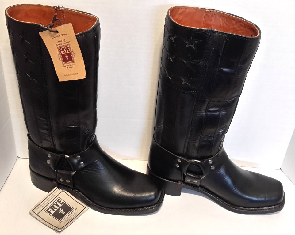 New Men's Frye 150th Anniversary Black USA Flag Size 9 Harness Boots