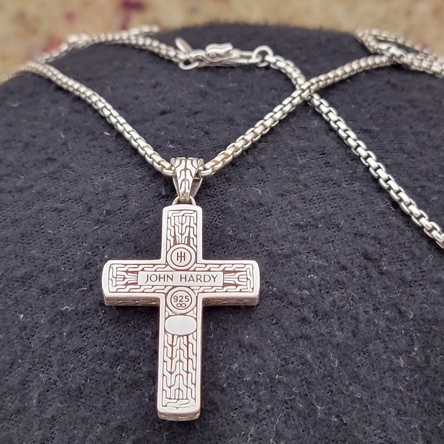 John Hardy Men's Blue Lapis Lazuli 26" 925 Sterling Silver Necklace Cross with Black Shappire's