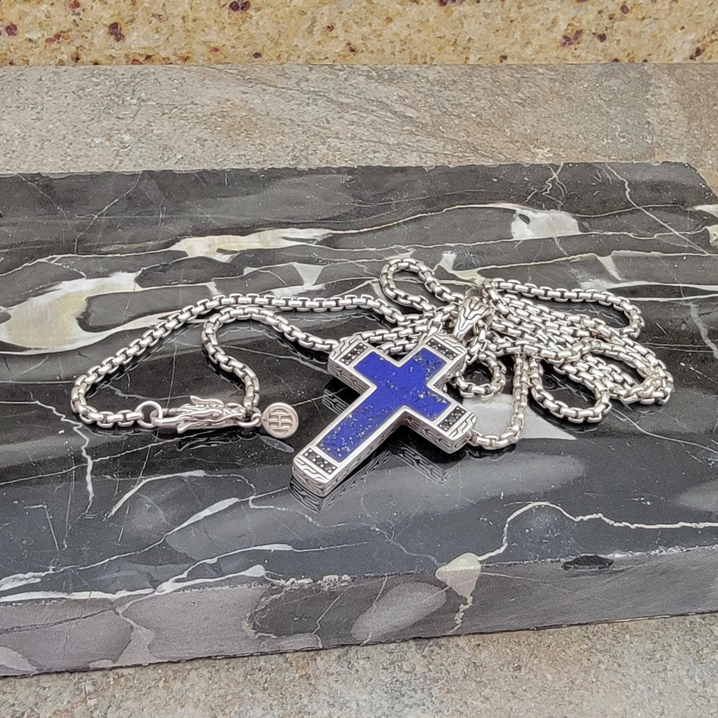 John Hardy Men's Blue Lapis Lazuli 26" 925 Sterling Silver Necklace Cross with Black Shappire's