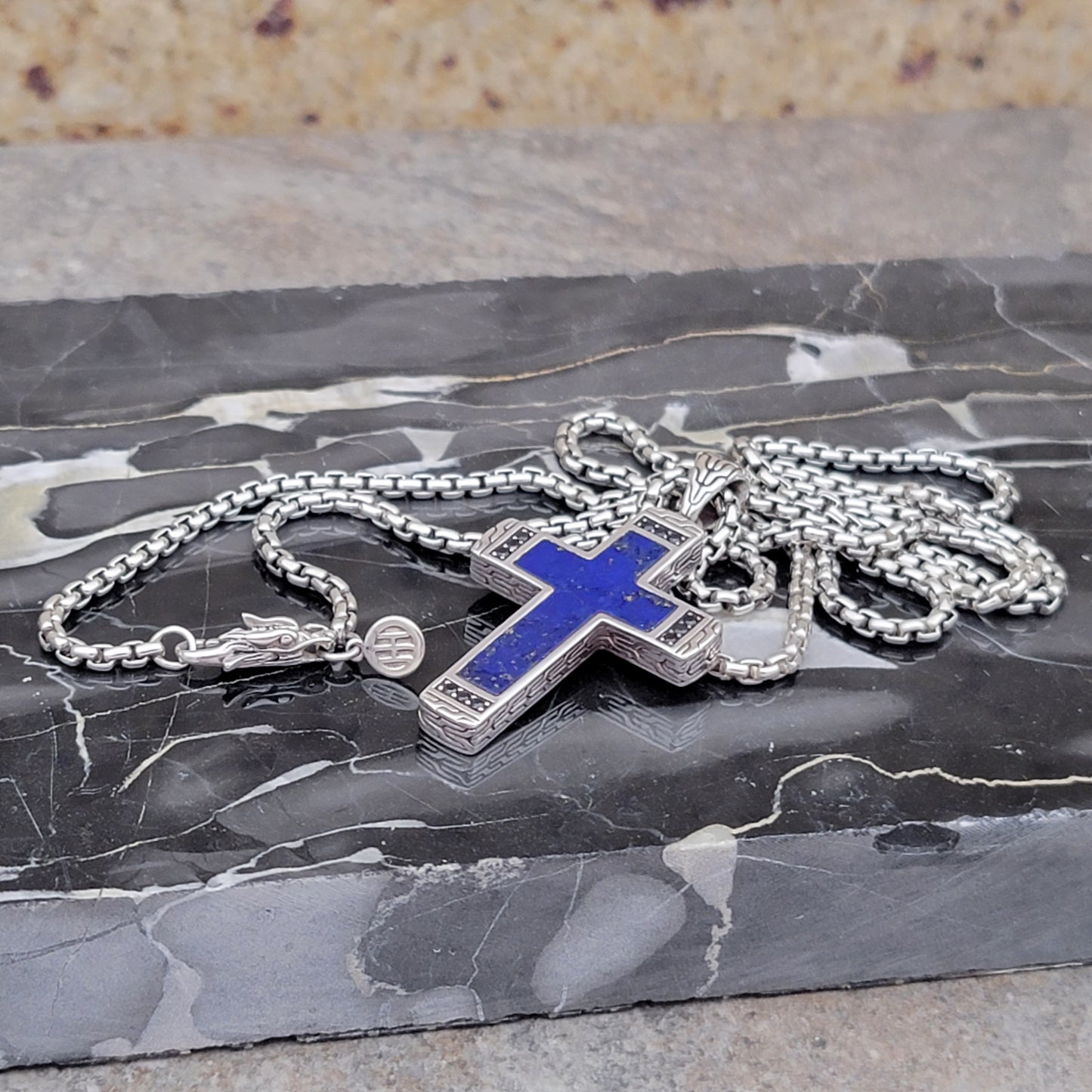 John Hardy Men's Blue Lapis Lazuli 26" 925 Sterling Silver Necklace Cross with Black Shappire's