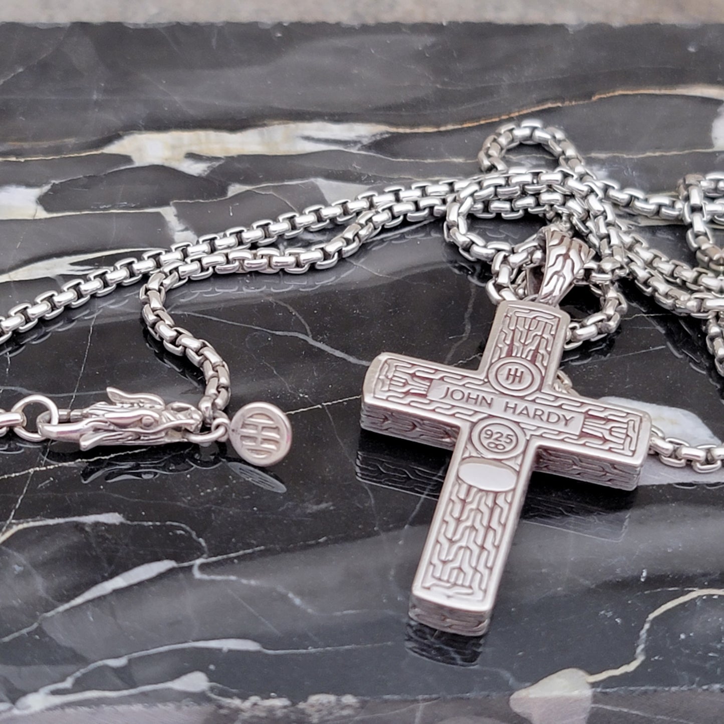 John Hardy Men's Blue Lapis Lazuli 26" 925 Sterling Silver Necklace Cross with Black Shappire's