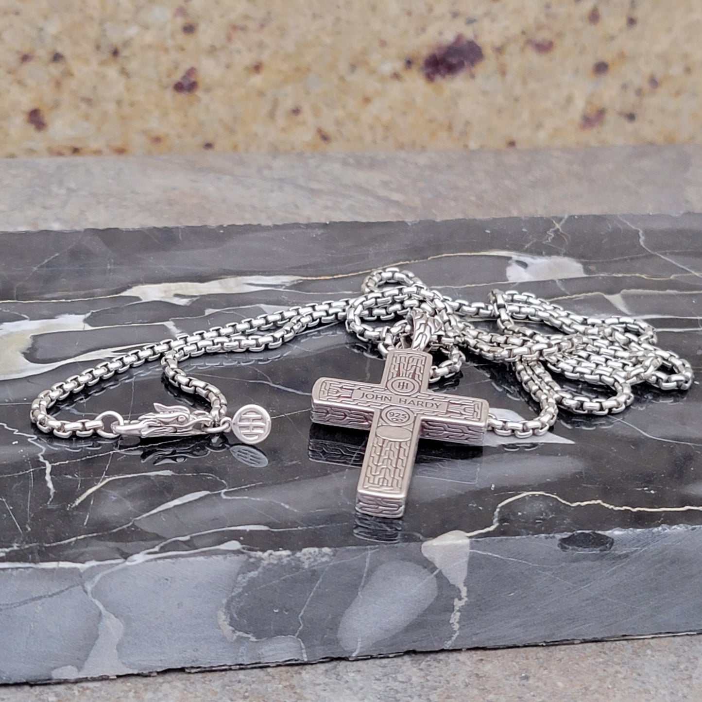 John Hardy Men's Blue Lapis Lazuli 26" 925 Sterling Silver Necklace Cross with Black Shappire's