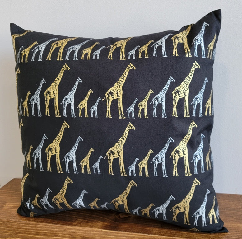 Giraffe Pillow Cover Handmade in USA Black Back with 18" x 18" Pillow