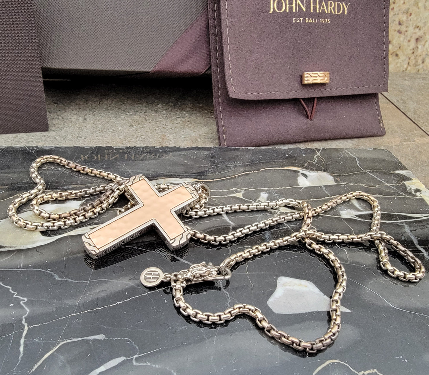 New John Hardy Men's Classic Chain 26" 925 Sterling Silver Necklace Cross and Hammered Bronze