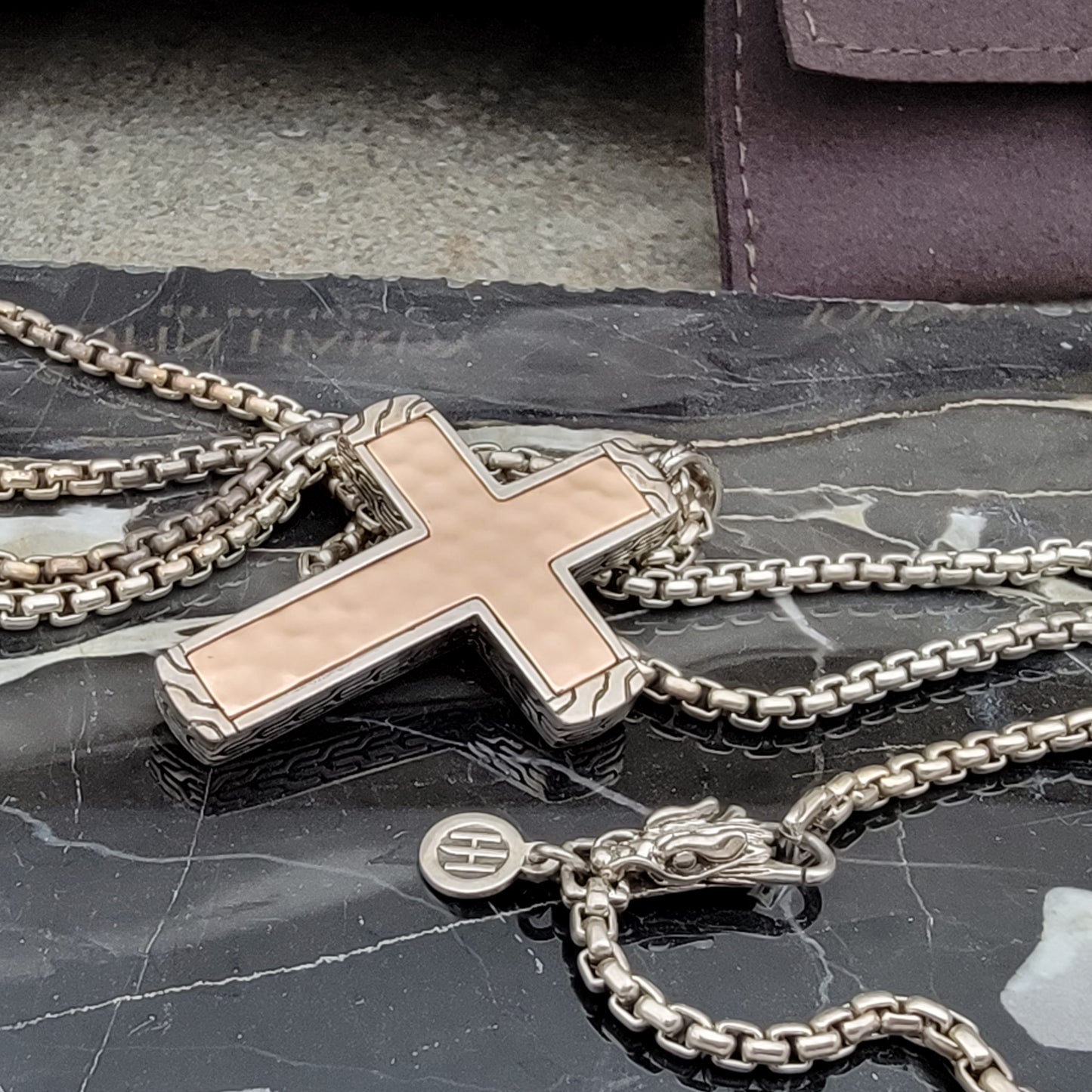 New John Hardy Men's Classic Chain 26" 925 Sterling Silver Necklace Cross and Hammered Bronze