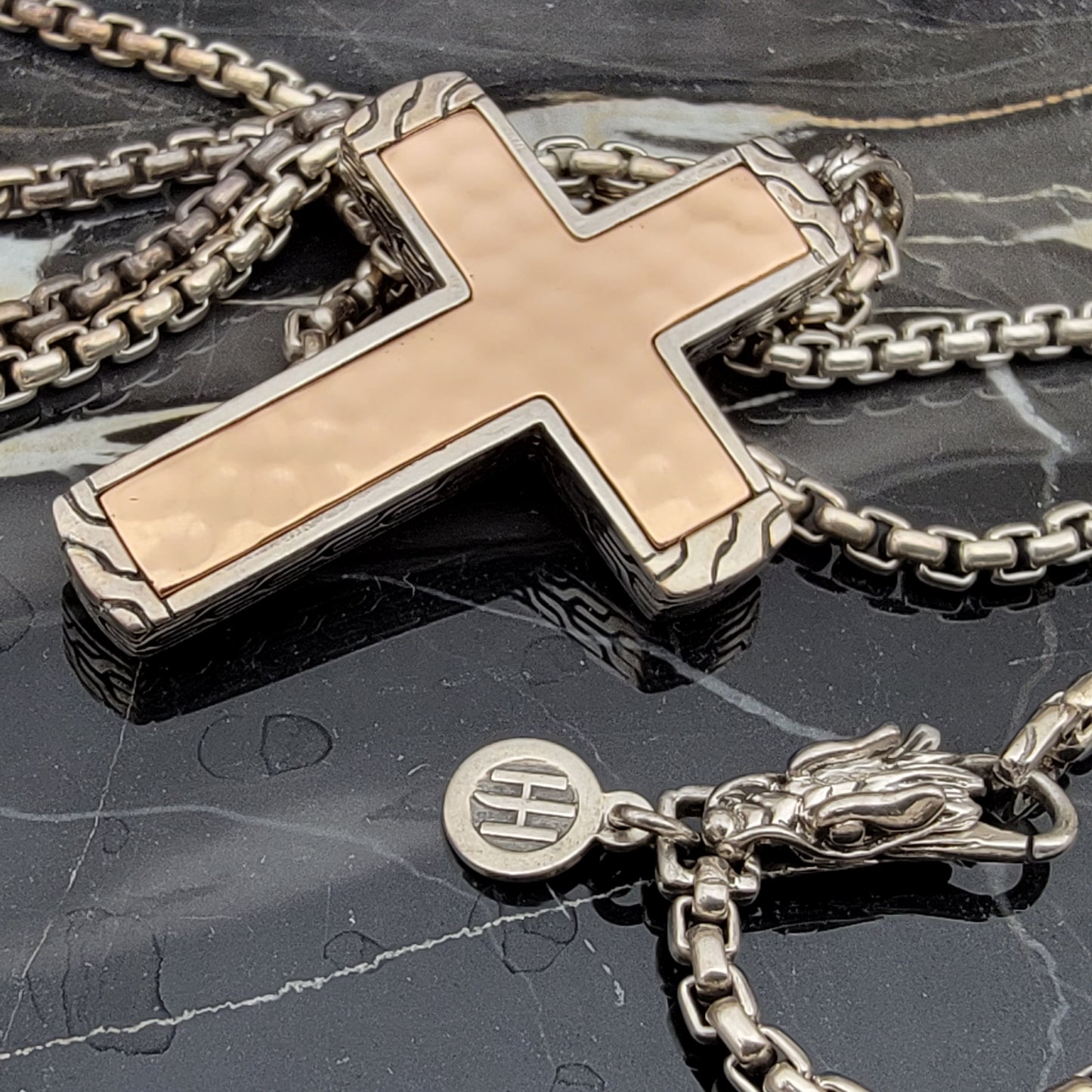 New John Hardy Men's Classic Chain 26" 925 Sterling Silver Necklace Cross and Hammered Bronze
