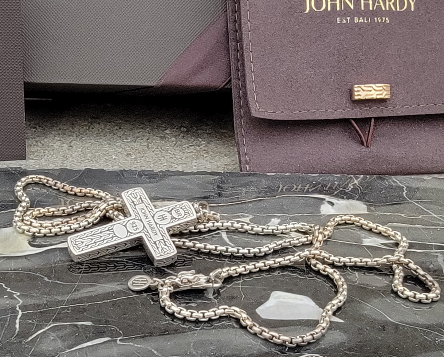 New John Hardy Men's Classic Chain 26" 925 Sterling Silver Necklace Cross and Hammered Bronze