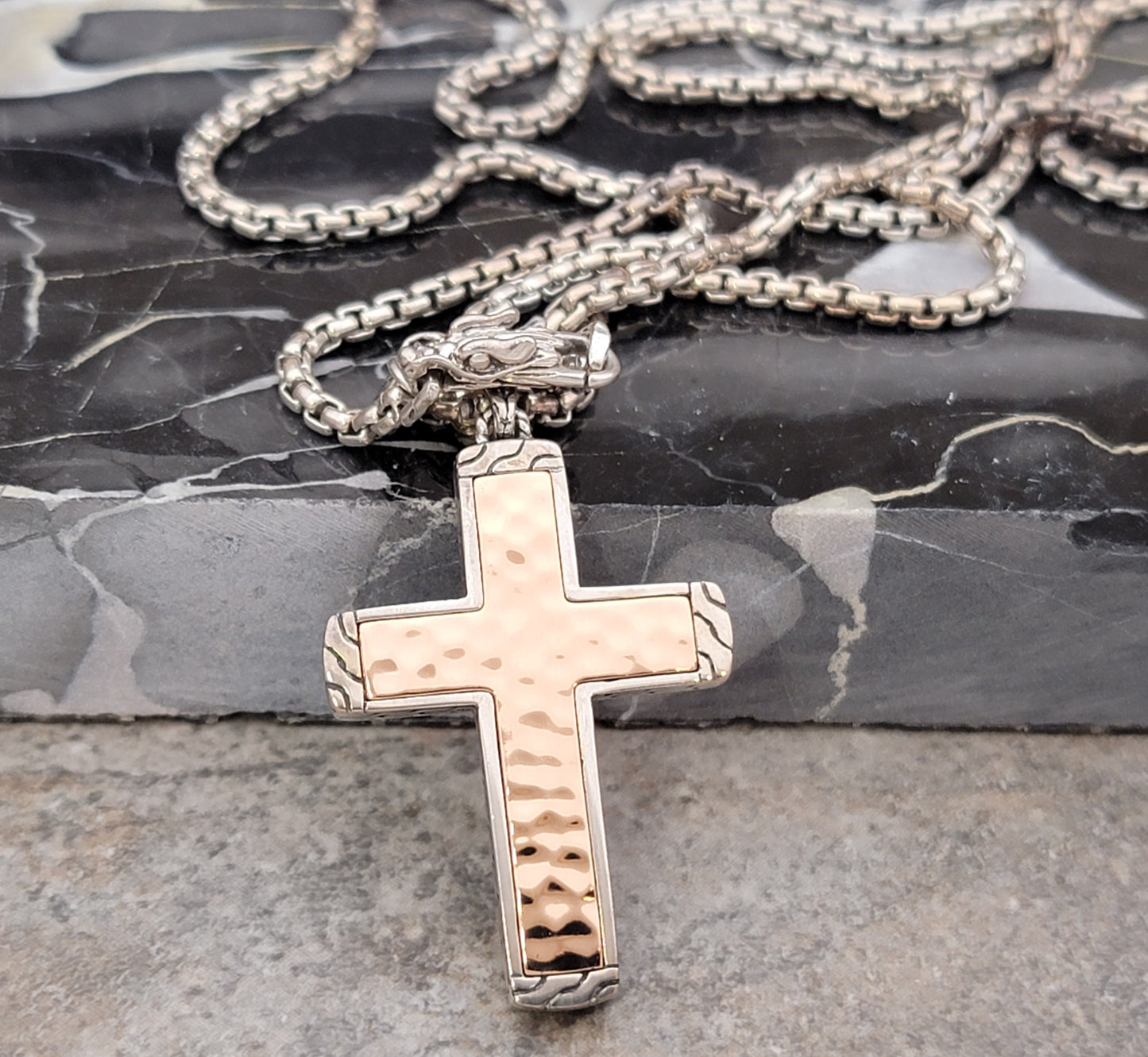 New John Hardy Men's Classic Chain 26" 925 Sterling Silver Necklace Cross and Hammered Bronze