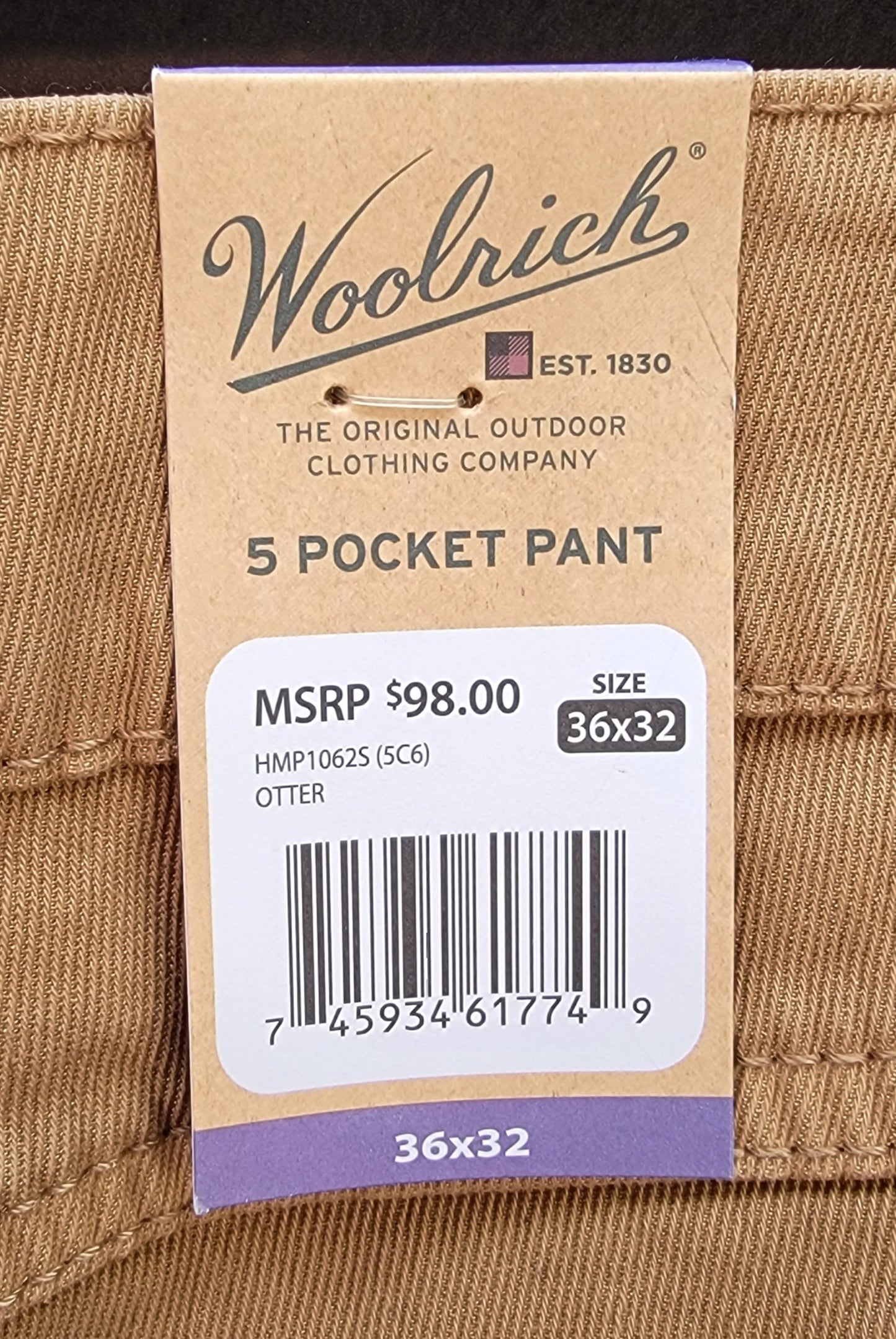 Woolrich Men's 5 Pocket Pant, Color Otter, Size 36X32 Retail $98.00 New with Tags