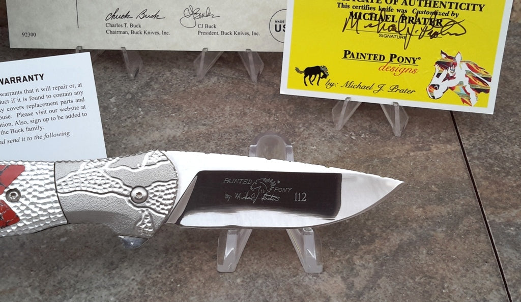 Custom Buck Painted Pony 336 Paradigm Assisted Flipper Dinosaur Bone Mother of Pearl Knife
