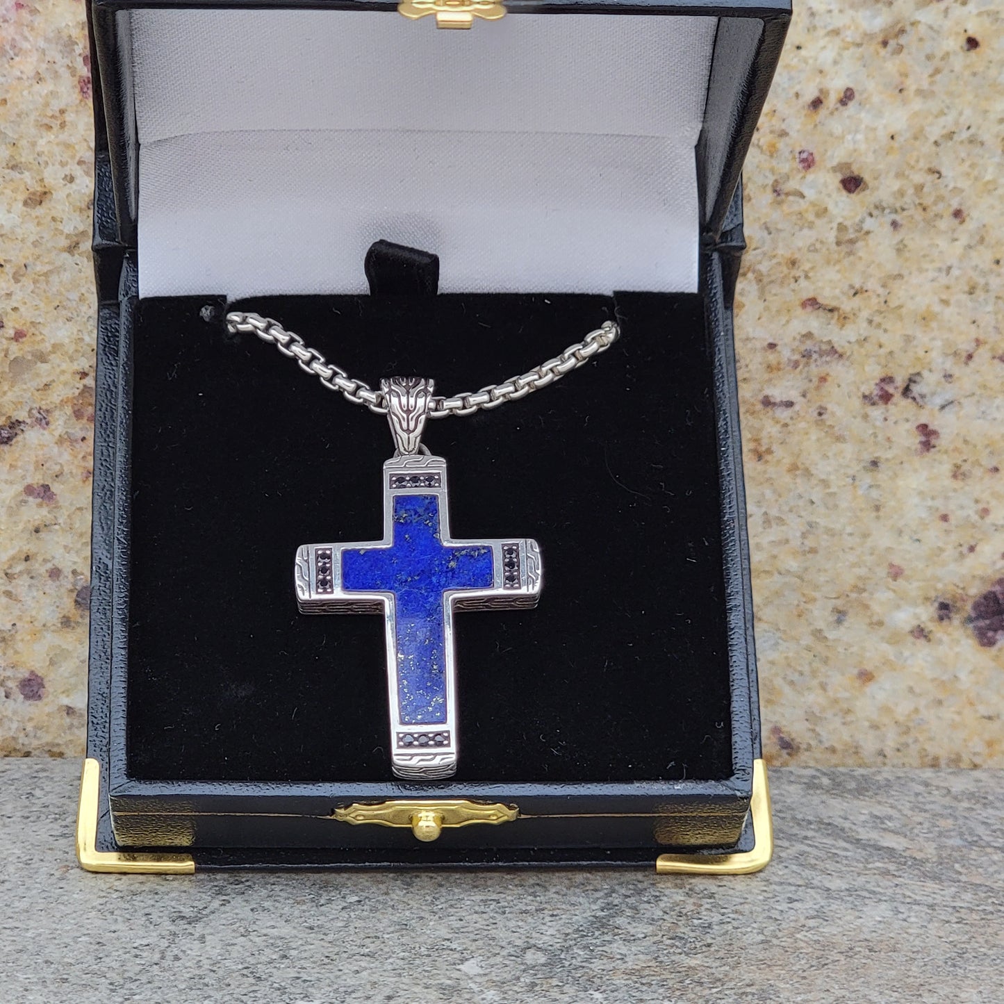John Hardy Men's Blue Lapis Lazuli 26" 925 Sterling Silver Necklace Cross with Black Shappire's