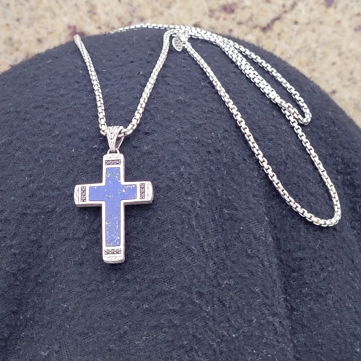 John Hardy Men's Blue Lapis Lazuli 26" 925 Sterling Silver Necklace Cross with Black Shappire's