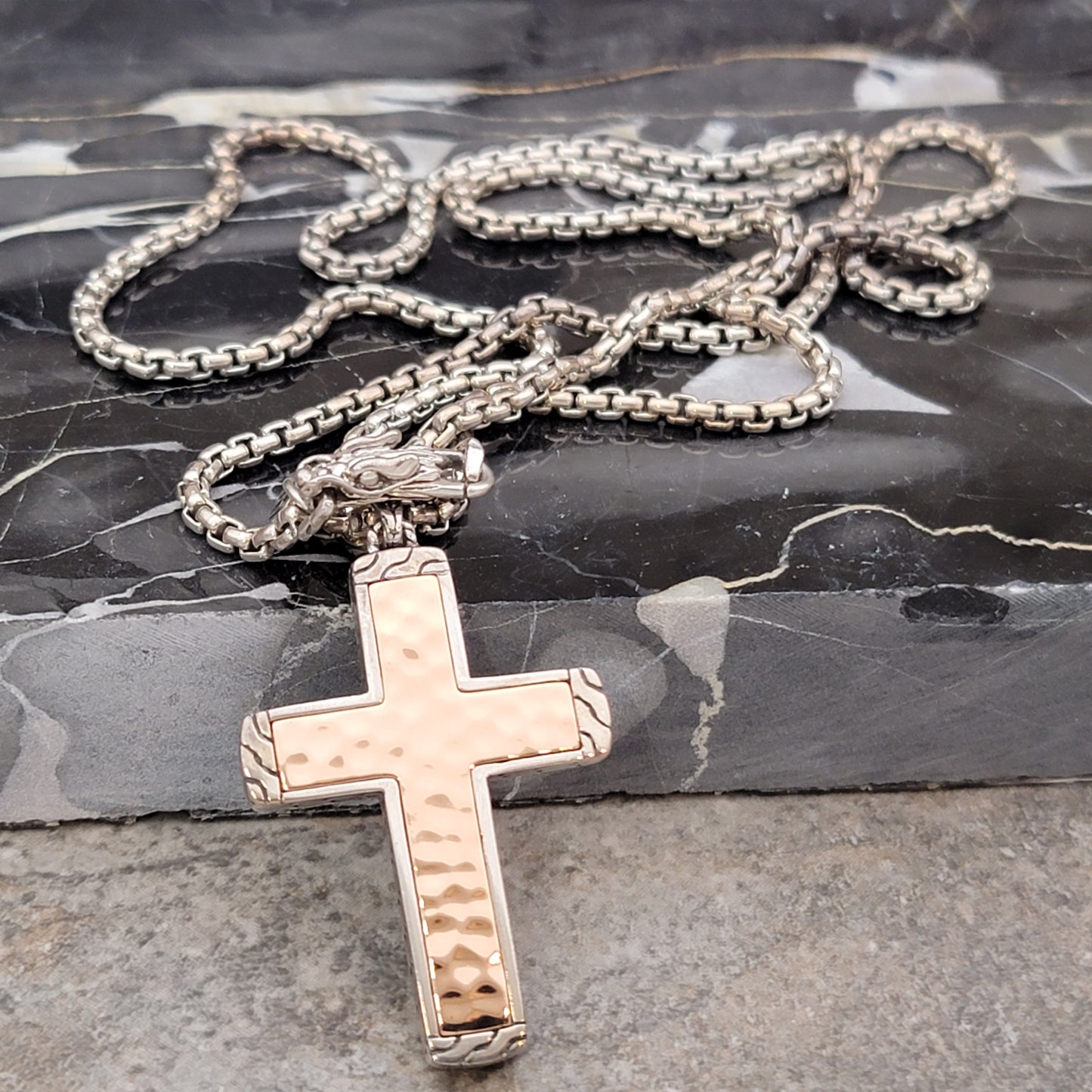 New John Hardy Men's Classic Chain 26" 925 Sterling Silver Necklace Cross and Hammered Bronze