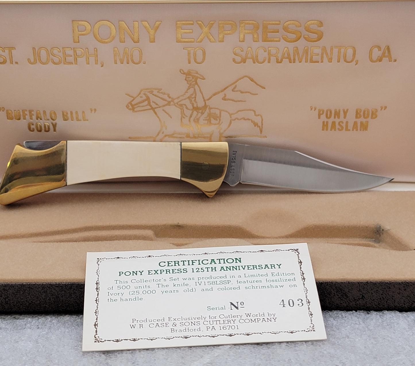 1985 Case 125th Anniversary Pony Express 25,000 YEAR OLD FOSSILIZED HANDLED SCRIMSHAWED Knife! SUPER RARE! Amazing!